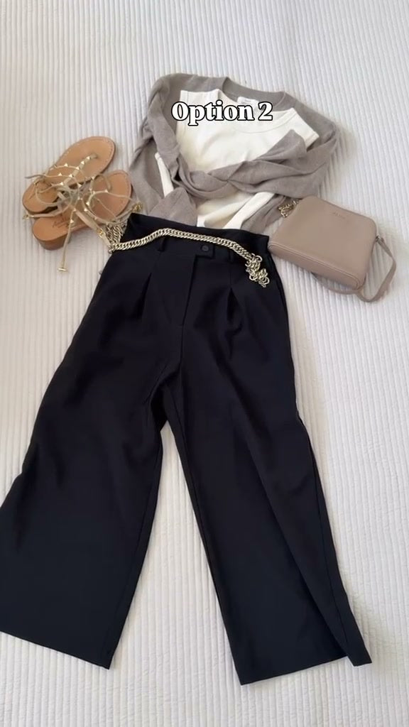 Eleganter Look mit Culotte, Top, Pullover, Gürtel und Tasche