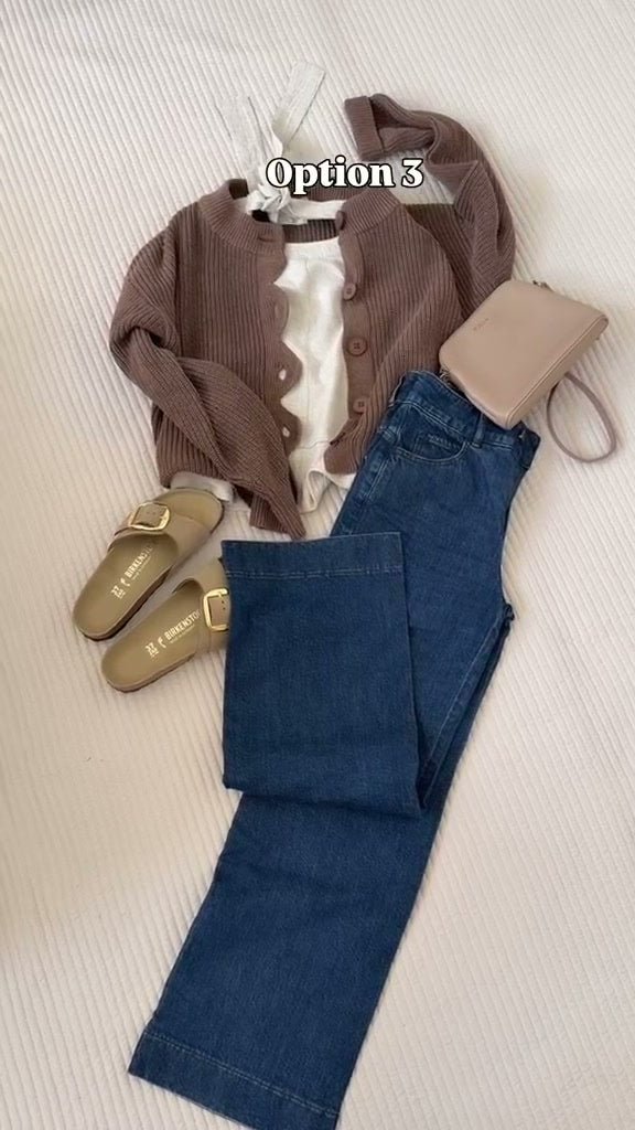 Look mit Wellencardigan, Hemd, Jeans Culotte und Tasche